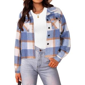 imageHOTOUCH Womens Flannels Fall Cropped Shacket Plaid Jacket Long Sleeve Button Down Coat 2024 Fall Fashion Trendy OutfitsBlue Black Flannel