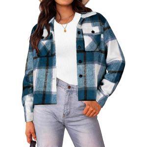 imageHOTOUCH Womens Flannels Fall Cropped Shacket Plaid Jacket Long Sleeve Button Down Coat 2024 Fall Fashion Trendy OutfitsBlue White Flannel