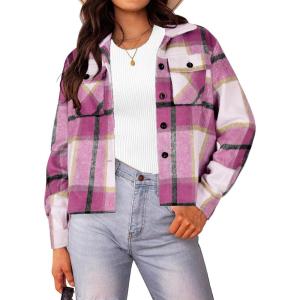 imageHOTOUCH Womens Flannels Fall Cropped Shacket Plaid Jacket Long Sleeve Button Down Coat 2024 Fall Fashion Trendy OutfitsFusica Flannel