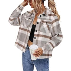 imageHOTOUCH Womens Flannels Fall Cropped Shacket Plaid Jacket Long Sleeve Button Down Coat 2024 Fall Fashion Trendy OutfitsGrey Brown Flannel