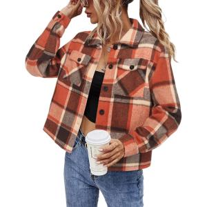 imageHOTOUCH Womens Flannels Fall Cropped Shacket Plaid Jacket Long Sleeve Button Down Coat 2024 Fall Fashion Trendy OutfitsOrange Flannel