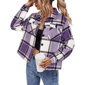 imageHOTOUCH Womens Flannels Fall Cropped Shacket Plaid Jacket Long Sleeve Button Down Coat 2024 Fall Fashion Trendy OutfitsPurple White Flannel