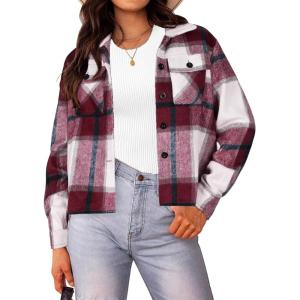 imageHOTOUCH Womens Flannels Fall Cropped Shacket Plaid Jacket Long Sleeve Button Down Coat 2024 Fall Fashion Trendy OutfitsRed Flannel