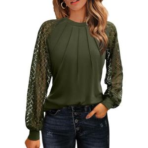 imageHOTOUCH Womens Lace Long Sleeve Tops Dressy Casual Blouses Pleated Work Shirts S3XLArmy Green
