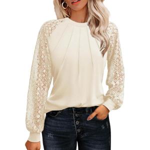 imageHOTOUCH Womens Lace Long Sleeve Tops Dressy Casual Blouses Pleated Work Shirts S3XLBeige
