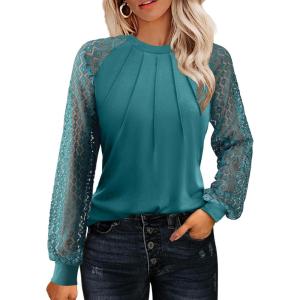 imageHOTOUCH Womens Lace Long Sleeve Tops Dressy Casual Blouses Pleated Work Shirts S3XLBlue Green