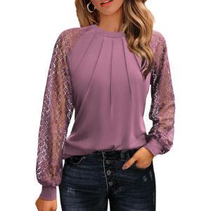 imageHOTOUCH Womens Lace Long Sleeve Tops Dressy Casual Blouses Pleated Work Shirts S3XLFuchisa