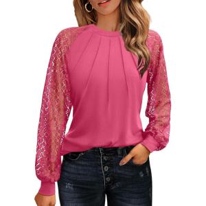 imageHOTOUCH Womens Lace Long Sleeve Tops Dressy Casual Blouses Pleated Work Shirts S3XLHot Pink