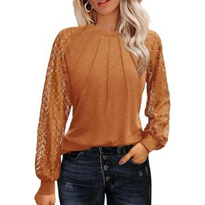 imageHOTOUCH Womens Lace Long Sleeve Tops Dressy Casual Blouses Pleated Work Shirts S3XLLight Brown