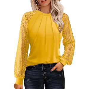 imageHOTOUCH Womens Lace Long Sleeve Tops Dressy Casual Blouses Pleated Work Shirts S3XLMustard