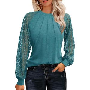 imageHOTOUCH Womens Lace Long Sleeve Tops Dressy Casual Blouses Pleated Work Shirts S3XLTeal