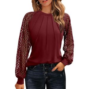 imageHOTOUCH Womens Lace Long Sleeve Tops Dressy Casual Blouses Pleated Work Shirts S3XLWine Red