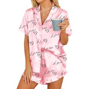 imageHOTOUCH Womens Satin Pajamas Set Button Down 2 Piece Silk Pjs Shorts Set Ruffle Lingerie Notch Collar SleepwearLettterlove