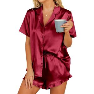 imageHOTOUCH Womens Satin Pajamas Set Button Down 2 Piece Silk Pjs Shorts Set Ruffle Lingerie Notch Collar SleepwearWine Red