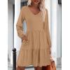 imageHOTOUCH Women Casual Tunic Dress V Neck Tiered Dress Long Sleeve Fit Swing Shift Dress with Pockets Loose Ruffled DressesKhaki