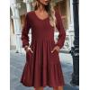 imageHOTOUCH Women Casual Tunic Dress V Neck Tiered Dress Long Sleeve Fit Swing Shift Dress with Pockets Loose Ruffled DressesWine Red