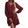 imageHOTOUCH Women Casual Tunic Dress V Neck Tiered Dress Long Sleeve Fit Swing Shift Dress with Pockets Loose Ruffled DressesWine Red