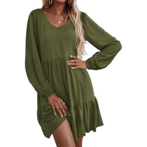 imageHOTOUCH Women Casual Tunic Dress V Neck Tiered Dress Long Sleeve Fit Swing Shift Dress with Pockets Loose Ruffled DressesArmy Green
