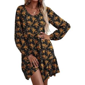 imageHOTOUCH Women Casual Tunic Dress V Neck Tiered Dress Long Sleeve Fit Swing Shift Dress with Pockets Loose Ruffled DressesBlackprinted012