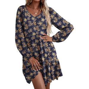 imageHOTOUCH Women Casual Tunic Dress V Neck Tiered Dress Long Sleeve Fit Swing Shift Dress with Pockets Loose Ruffled DressesBlueprinted022