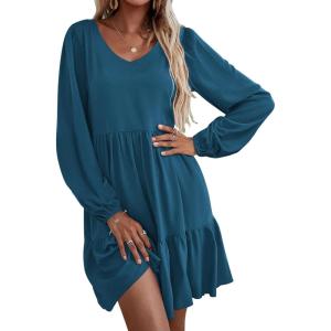 imageHOTOUCH Women Casual Tunic Dress V Neck Tiered Dress Long Sleeve Fit Swing Shift Dress with Pockets Loose Ruffled DressesDark Blue