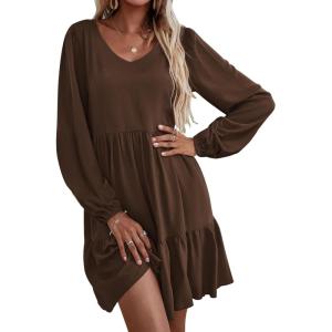 imageHOTOUCH Women Casual Tunic Dress V Neck Tiered Dress Long Sleeve Fit Swing Shift Dress with Pockets Loose Ruffled DressesDark Brown