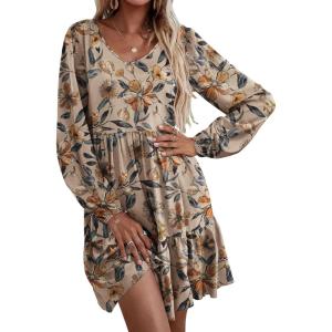 imageHOTOUCH Women Casual Tunic Dress V Neck Tiered Dress Long Sleeve Fit Swing Shift Dress with Pockets Loose Ruffled DressesFloralprinted02