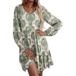 imageHOTOUCH Women Casual Tunic Dress V Neck Tiered Dress Long Sleeve Fit Swing Shift Dress with Pockets Loose Ruffled DressesGreenprinted01