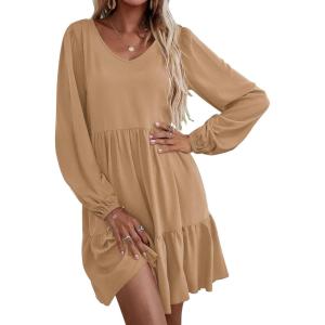 imageHOTOUCH Women Casual Tunic Dress V Neck Tiered Dress Long Sleeve Fit Swing Shift Dress with Pockets Loose Ruffled DressesKhaki
