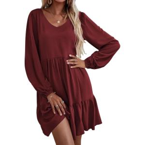 imageHOTOUCH Women Casual Tunic Dress V Neck Tiered Dress Long Sleeve Fit Swing Shift Dress with Pockets Loose Ruffled DressesWine Red