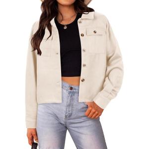 imageHOTOUCH Women Fashion Cropped Shacket Button Down Trendy Shacket Jackets Casual Long Sleeve Crop Shirts Jackets TopsBeige