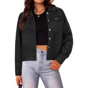 imageHOTOUCH Women Fashion Cropped Shacket Button Down Trendy Shacket Jackets Casual Long Sleeve Crop Shirts Jackets TopsBlack