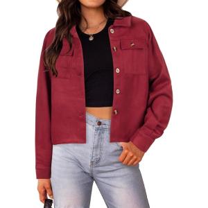 imageHOTOUCH Women Fashion Cropped Shacket Button Down Trendy Shacket Jackets Casual Long Sleeve Crop Shirts Jackets TopsWine Red
