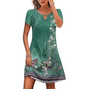 imageHOTOUCH Womens Casual ALine Dress with Pockets Summer Beach Floral Tshirt Dress Short Sleeve Mini Dress Flowy SundressesGreen Printed