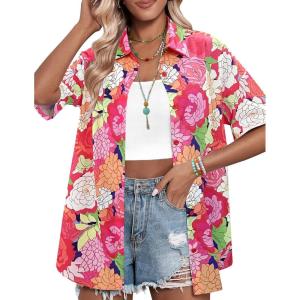 imageHOTOUCH Womens Hawaiian Shirts Button Up Casual Floral Tropical Shirt Summer Beach Shirt Cool Short Sleeve Blouse TopsAhot Pink Hawaii