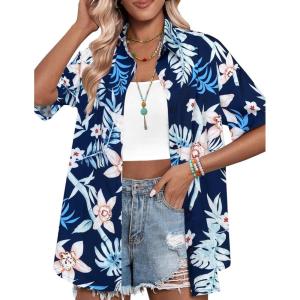 imageHOTOUCH Womens Hawaiian Shirts Button Up Casual Floral Tropical Shirt Summer Beach Shirt Cool Short Sleeve Blouse TopsAnavy Tropical