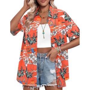 imageHOTOUCH Womens Hawaiian Shirts Button Up Casual Floral Tropical Shirt Summer Beach Shirt Cool Short Sleeve Blouse TopsAorange Hawaii