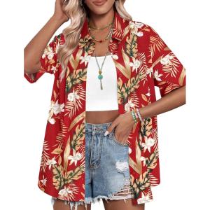 imageHOTOUCH Womens Hawaiian Shirts Button Up Casual Floral Tropical Shirt Summer Beach Shirt Cool Short Sleeve Blouse TopsAred Tropical