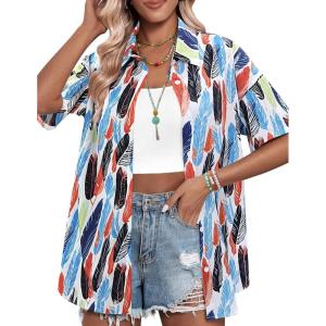 imageHOTOUCH Womens Hawaiian Shirts Button Up Casual Floral Tropical Shirt Summer Beach Shirt Cool Short Sleeve Blouse TopsAwhite Leaves Hawaii