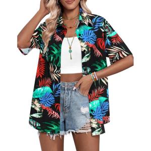 imageHOTOUCH Womens Hawaiian Shirts Button Up Casual Floral Tropical Shirt Summer Beach Shirt Cool Short Sleeve Blouse TopsBlack Hawaii