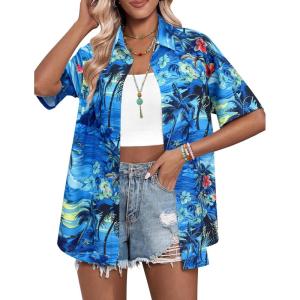 imageHOTOUCH Womens Hawaiian Shirts Button Up Casual Floral Tropical Shirt Summer Beach Shirt Cool Short Sleeve Blouse TopsBlue Hawaii
