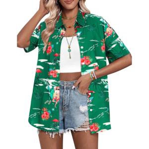imageHOTOUCH Womens Hawaiian Shirts Button Up Casual Floral Tropical Shirt Summer Beach Shirt Cool Short Sleeve Blouse TopsGreen Xmas Hawaii