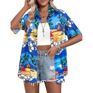 imageHOTOUCH Womens Hawaiian Shirts Button Up Casual Floral Tropical Shirt Summer Beach Shirt Cool Short Sleeve Blouse TopsLight Blue Hawaiian