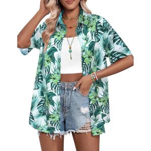 imageHOTOUCH Womens Hawaiian Shirts Button Up Casual Floral Tropical Shirt Summer Beach Shirt Cool Short Sleeve Blouse TopsLight Green Floral