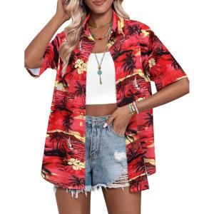 imageHOTOUCH Womens Hawaiian Shirts Button Up Casual Floral Tropical Shirt Summer Beach Shirt Cool Short Sleeve Blouse TopsRed Hawaiian