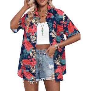 imageHOTOUCH Womens Hawaiian Shirts Button Up Casual Floral Tropical Shirt Summer Beach Shirt Cool Short Sleeve Blouse TopsRed Leaves