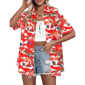 imageHOTOUCH Womens Hawaiian Shirts Button Up Casual Floral Tropical Shirt Summer Beach Shirt Cool Short Sleeve Blouse TopsRed Xmas Hawaii
