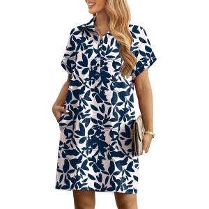imageHOTOUCH Womens Summer Shirt Dress Short Sleeve Floral Shift Dress Casual Loose Flowy Beach Sundress with PocketsA01blue Leaf Print