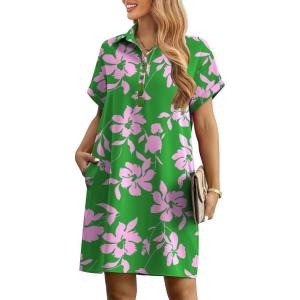 imageHOTOUCH Womens Summer Shirt Dress Short Sleeve Floral Shift Dress Casual Loose Flowy Beach Sundress with PocketsA02pink Floral Print