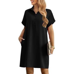 imageHOTOUCH Womens Summer Shirt Dress Short Sleeve Floral Shift Dress Casual Loose Flowy Beach Sundress with PocketsA03black